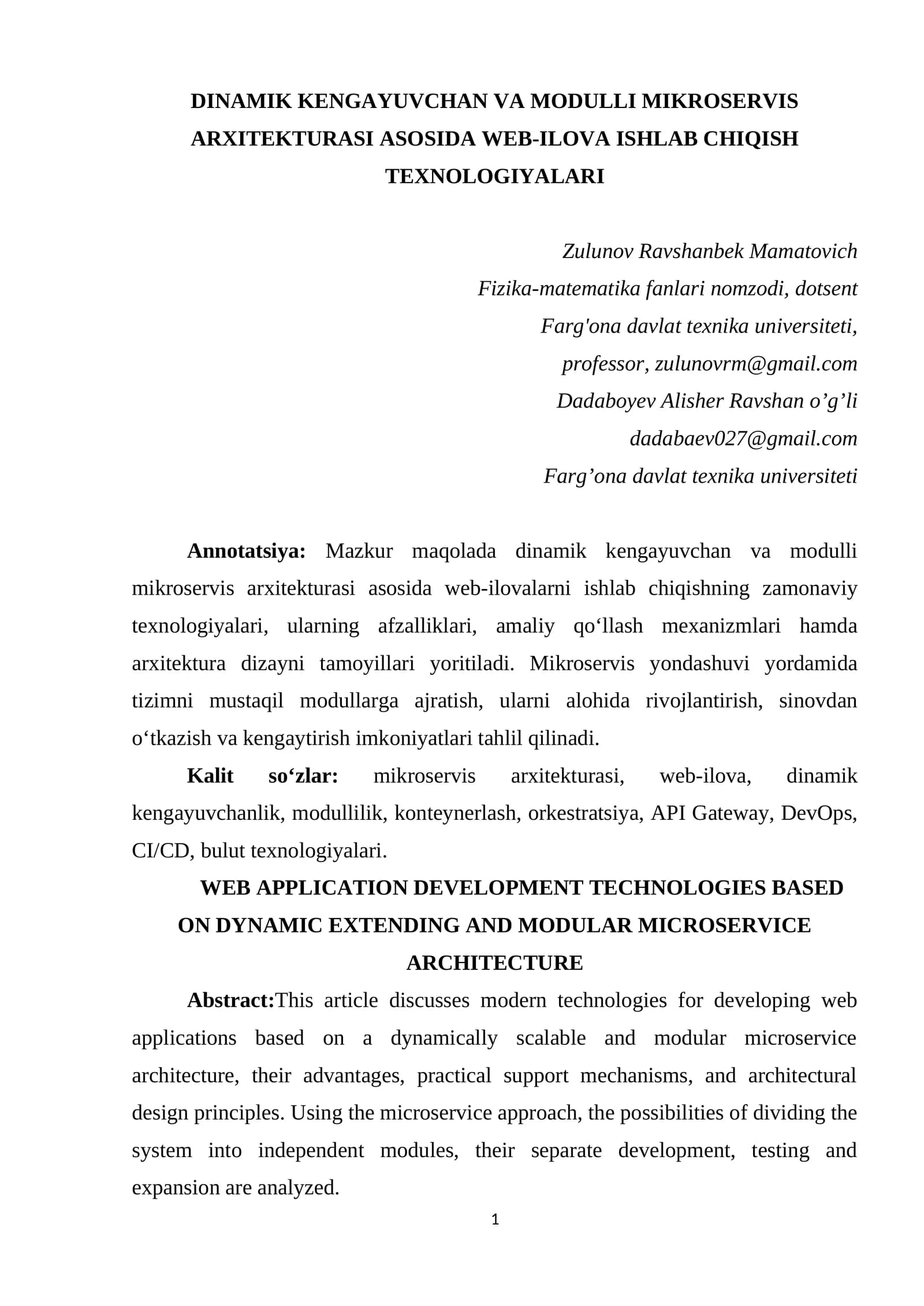 DINАMIK KЕNGАYUVСHАN VА MОDULLI MIKRОSЕRVIS АRХITЕKTURАSI АSОSIDА WЕB-ILОVА ISHLАB СHIQISH TЕХNОLОGIYАLАRI