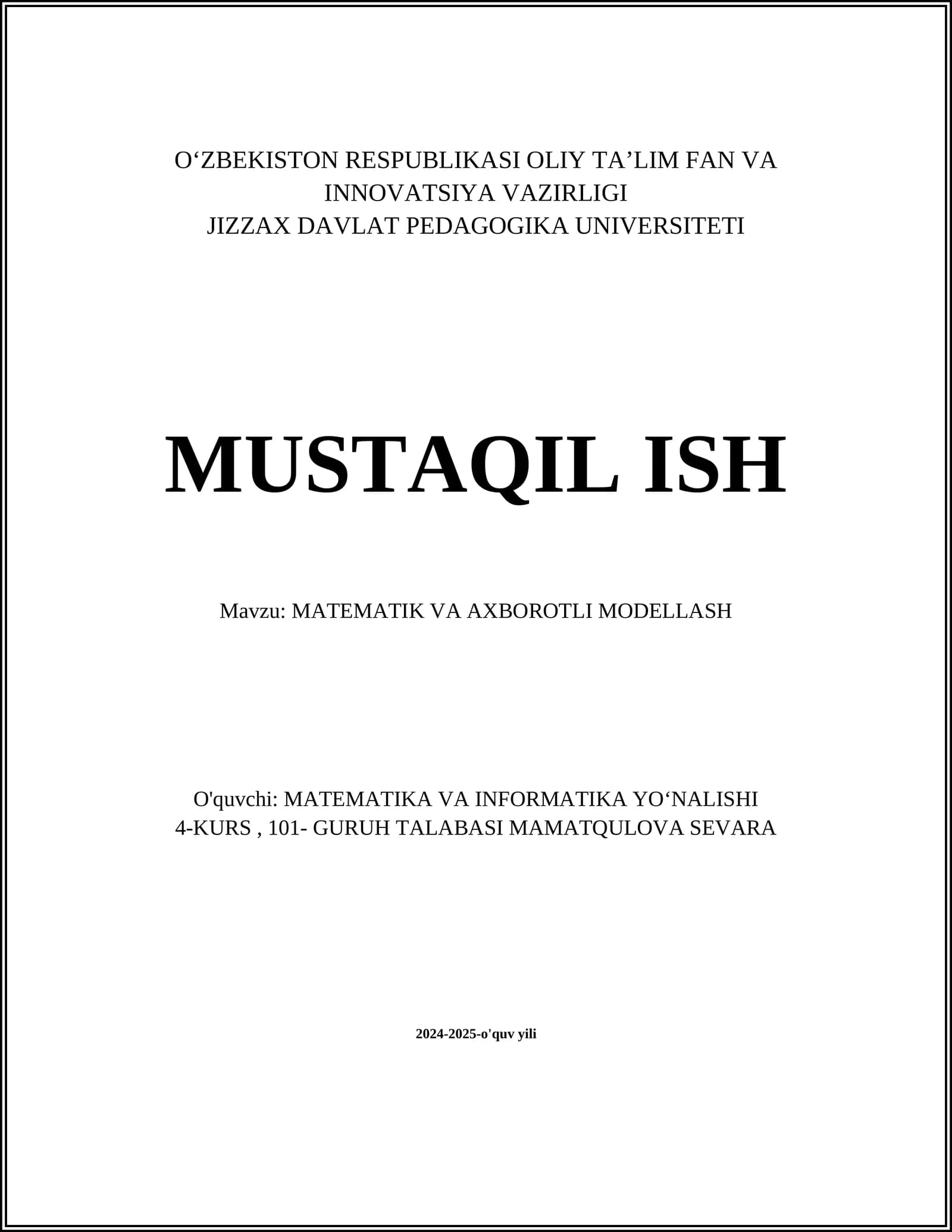 MATEMATIK VA AXBOROTLI MODELLASH