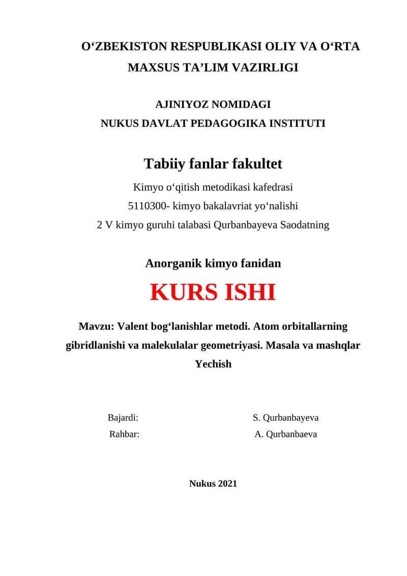 Valent bogʻlanishlar metodi va atom orbitallarning gibridlanishi