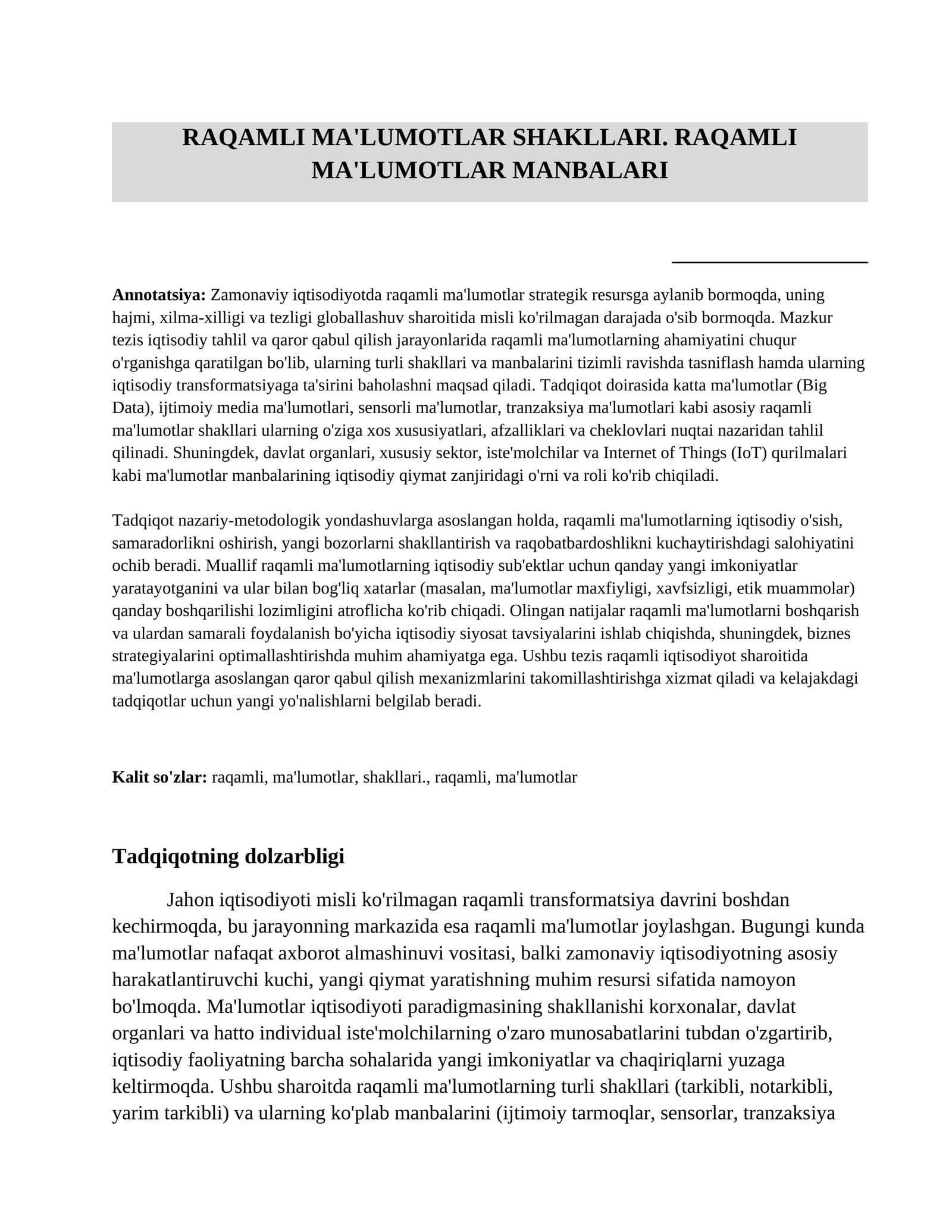 Raqamli ma'lumotlar shakllari. Raqamli ma'lumotlar manbalari