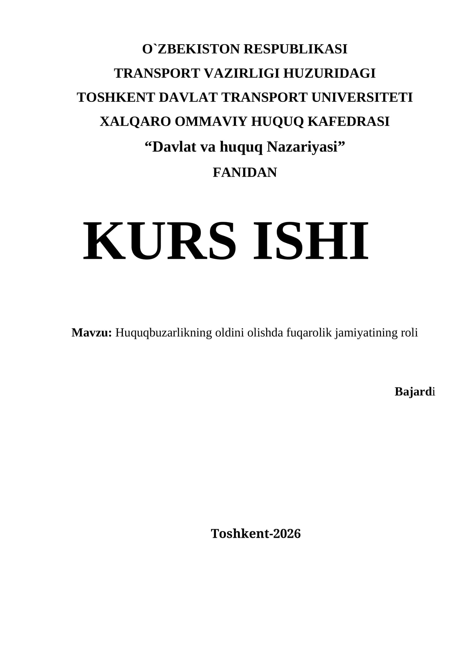 Huquqbuzarlikning oldini olishda fuqarolik jamiyatining roli kurs ishi