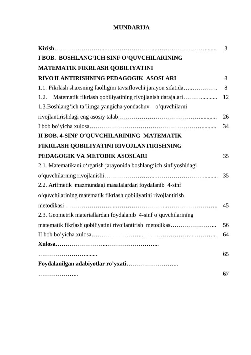 MATEMATIK FIKRLASH QOBILIYATINI RIVOJLANTIRISHNING PEDAGOGIK ASOSLARI. BOSHLANG‘ICH SINF O‘QUVCHILARINING  MATEMATIK FIKRLASH QOBILIYATINI  RIVOJLANTIRISHNING PEDAGOGIK  ASOSLARI
