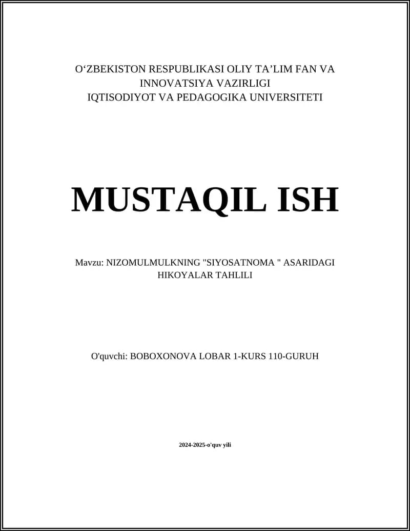NIZOMULMULKNING "SIYOSATNOMA " ASARIDAGI HIKOYALAR TAHLILI