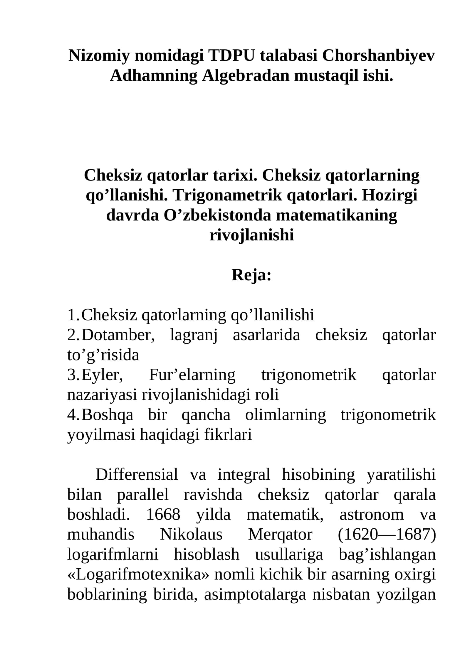 Algebradan mustaqil ish