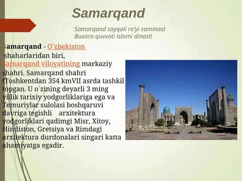 - Tags (comma-separated): Samarqand, O`zbekiston, tarixiy yodgorliklar, Temuriylar, arxitektura, Afrosiyob