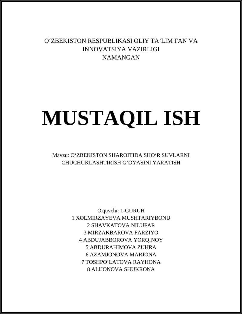 OʻZBEKISTON SHAROITIDA SHOʻR SUVLARNI CHUCHUKLASHTIRISH GʻOYASI