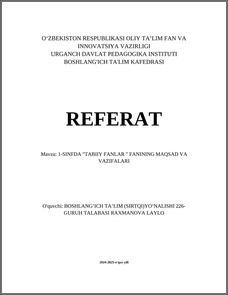 1-SINFDA "TABIIY FANLAR " FANINING MAQSAD VA VAZIFALARI