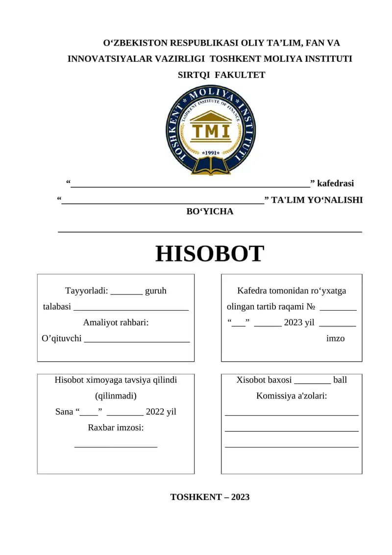 Oʻzbekiston Respublikasi Oliy Ta’lim, Fan va Innovatsiyalar Vazirligi Toshkent Moliya Instituti