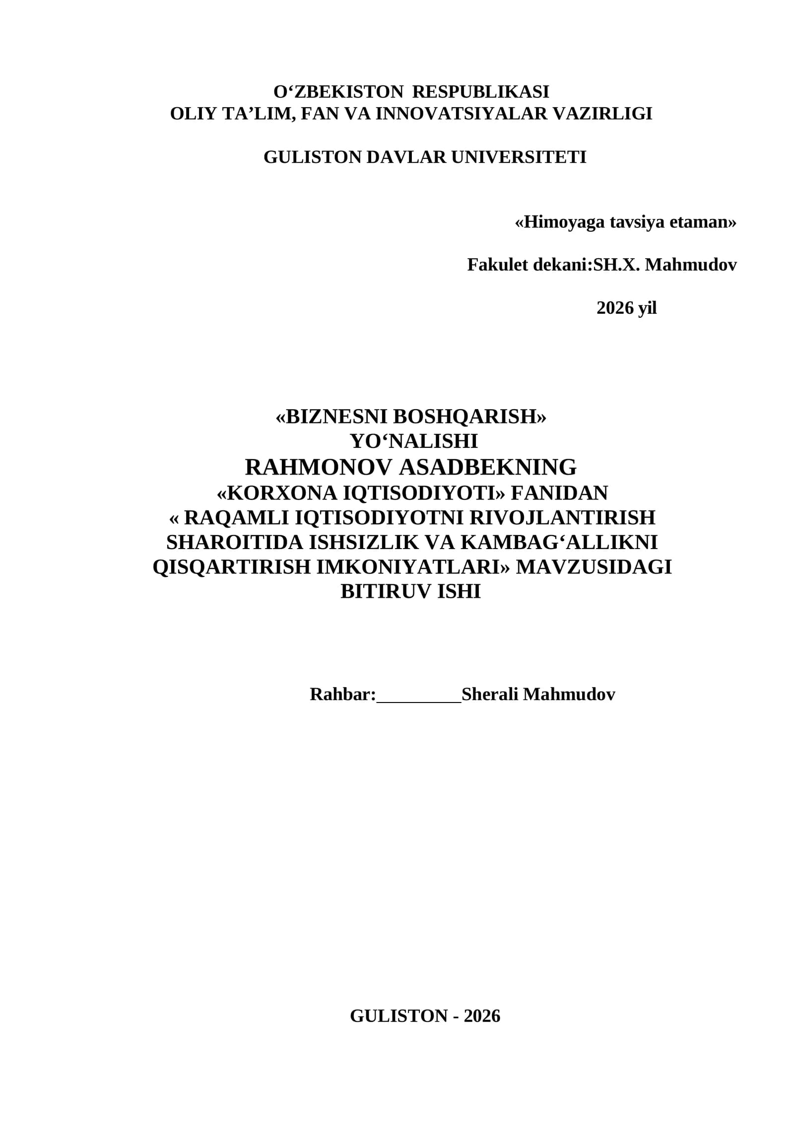 RAQAMLI IQTISODIYOTNI RIVOJLANTIRISH SHAROITIDA ISHSIZLIK VA KAMBAGʻALLIKNI QISQARTIRISH IMKONIYATLARI