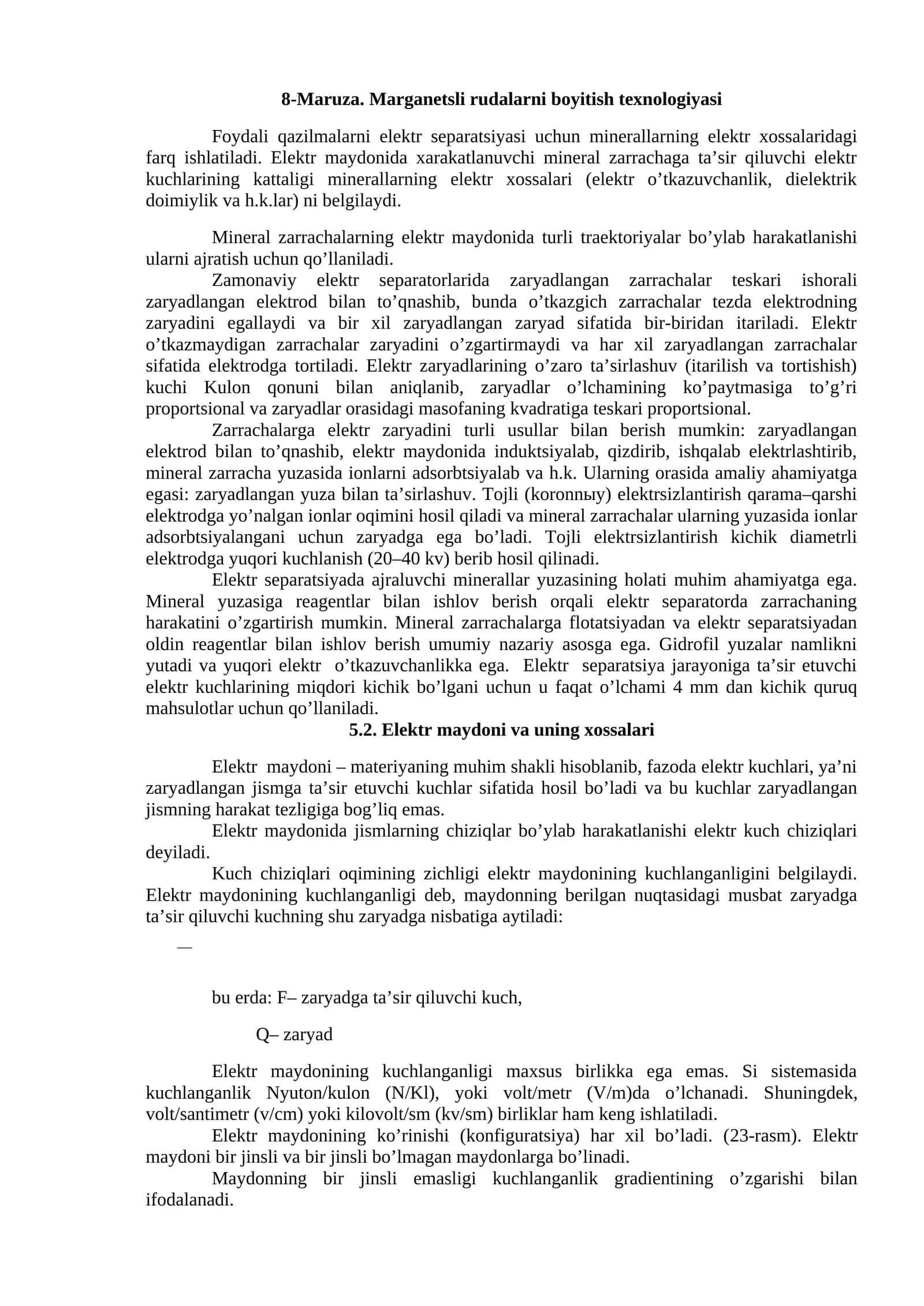 8-Maruza. Marganetsli rudalarni boyitish texnologiyasi
