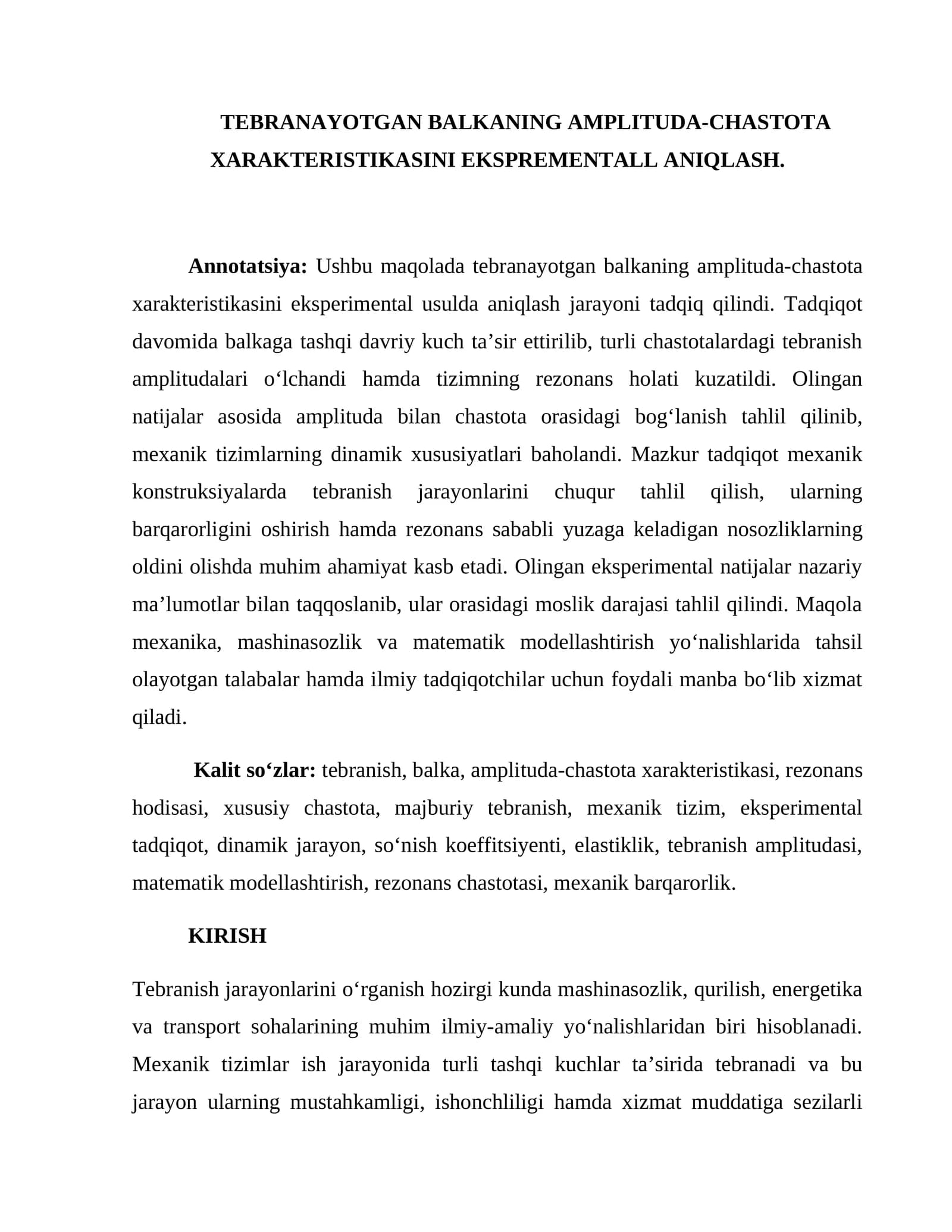TEBRANAYOTGAN BALKANING AMPLITUDA-CHASTOTA XARAKTERISTIKASINI EKSPREMENTALL ANIQLASH