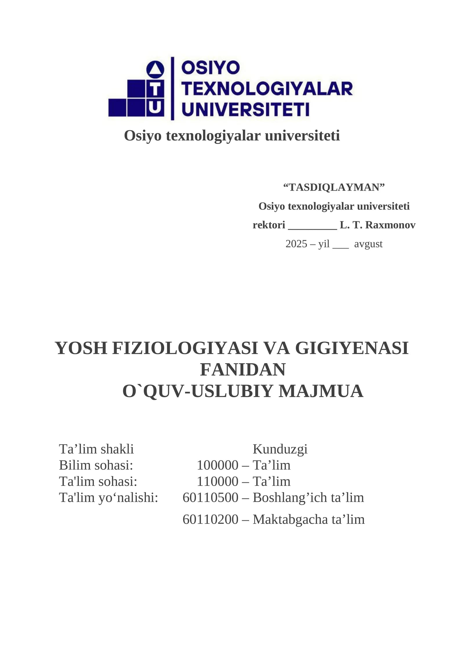 Yosh fiziologiyasi va gigiyenasi fanidan oʻquv-uslubiy majmua
