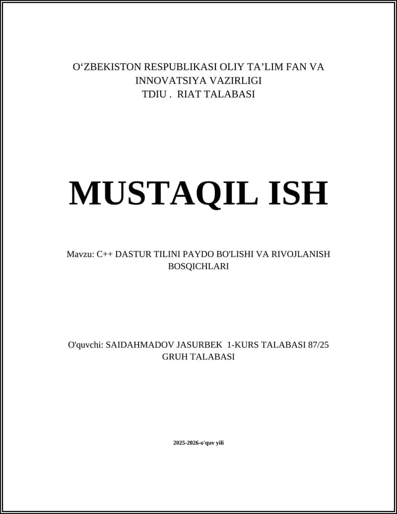 C++ DASTUR TILINI PAYDO BO'LISHI VA RIVOJLANISH BOSQICHLARI