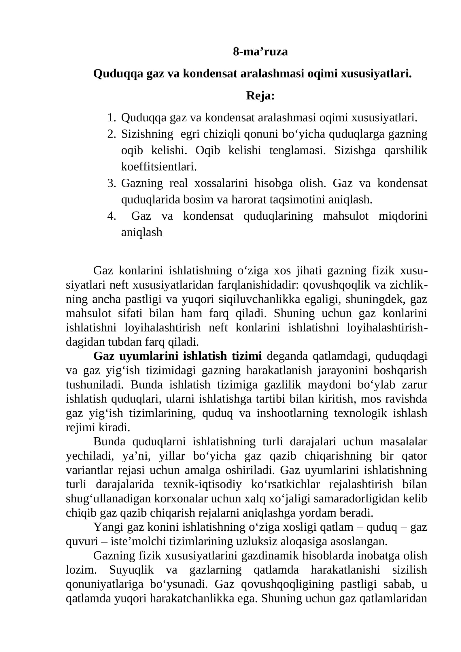 Quduqqa gaz va kondensat aralashmasi oqimi xususiyatlari