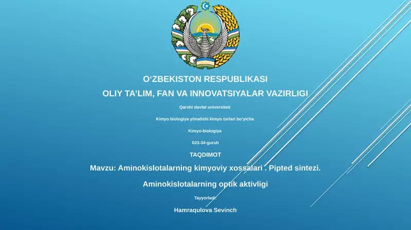 Aminokislotalarning kimyoviy xossalari. Pipted sintezi. Aminokislotalarning optik aktivligi