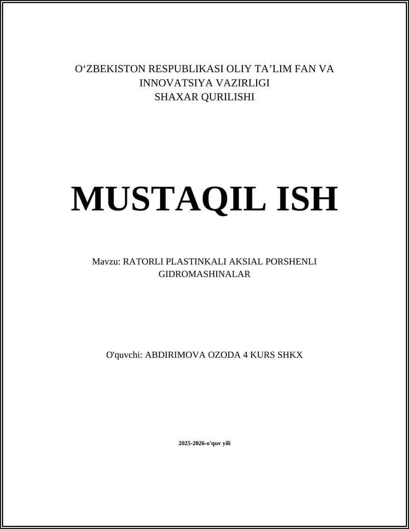 RATORLI PLASTINKALI AKSIAL PORSHENLI GIDROMASHINALAR