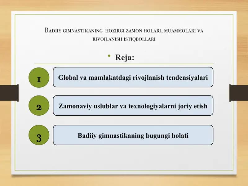 Badiiy gimnastikaning hozirgi zamon holari, muammolari va rivojlanish istiqbollari