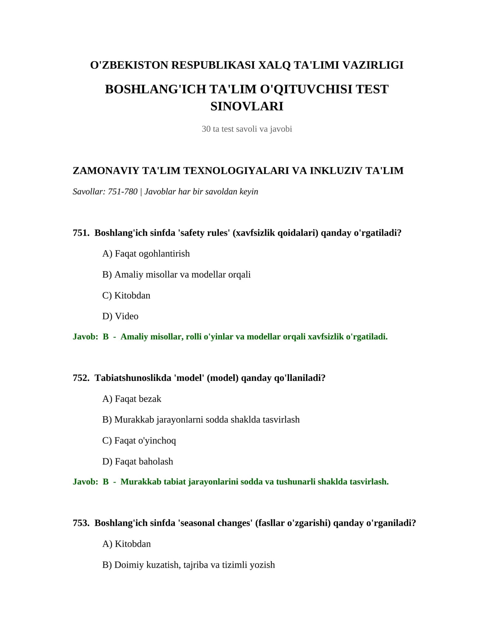 BOSHLANG'ICH TA'LIM O'QITUVCHISI TEST SINOVLARI
