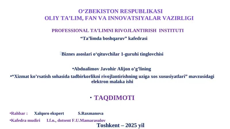 "Biznes asoslari o‘qituvchilar 1-guruhi tinglovchisi"