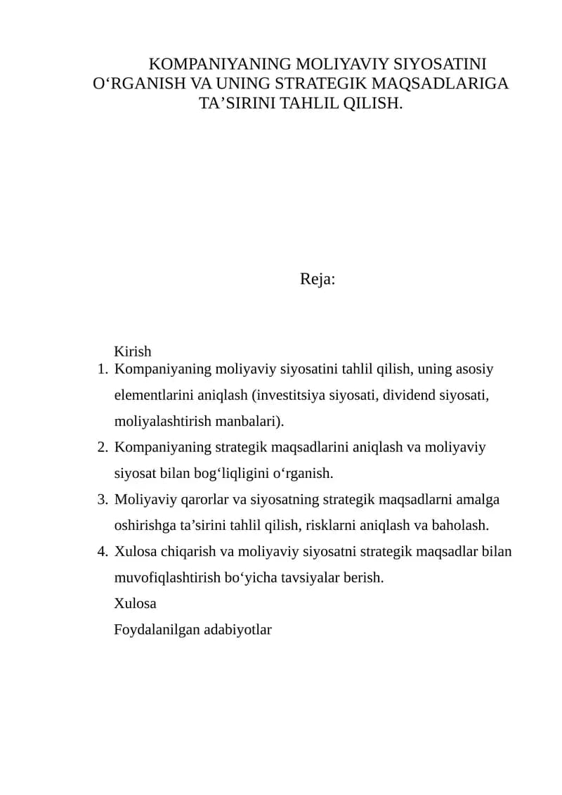 Kompaniyaning moliyaviy siyosati