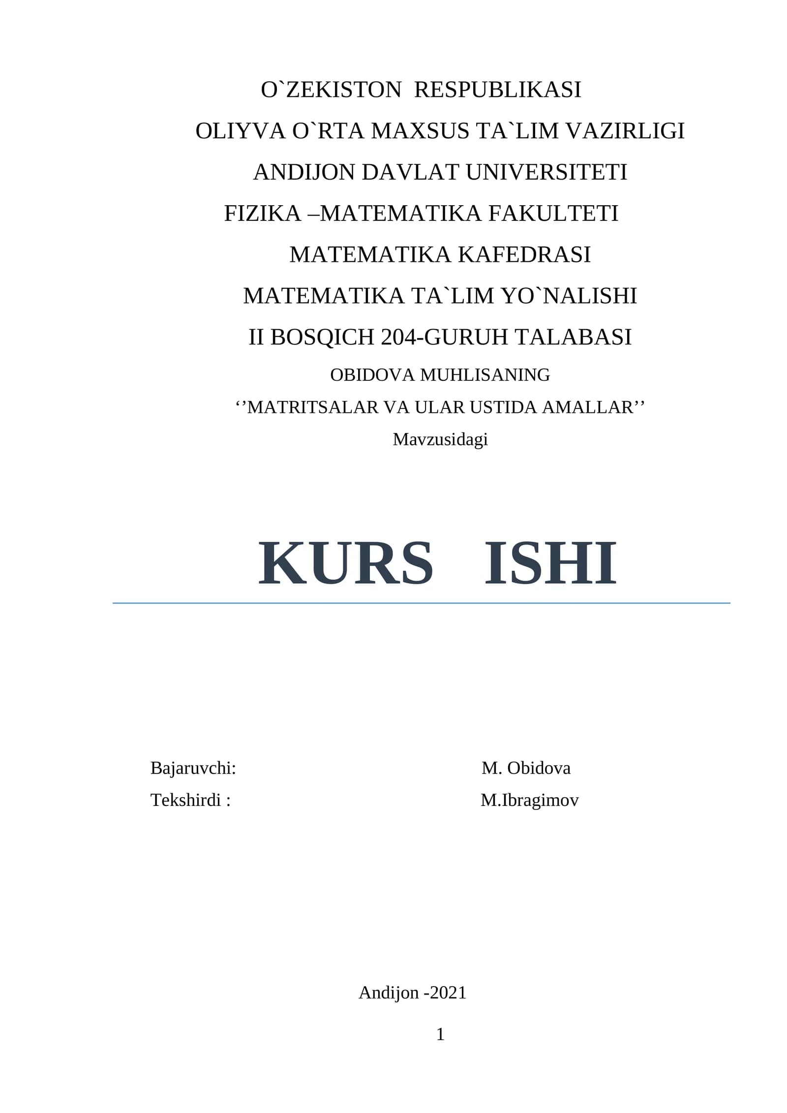MATRITSALAR VA ULAR USTIDA AMALLAR