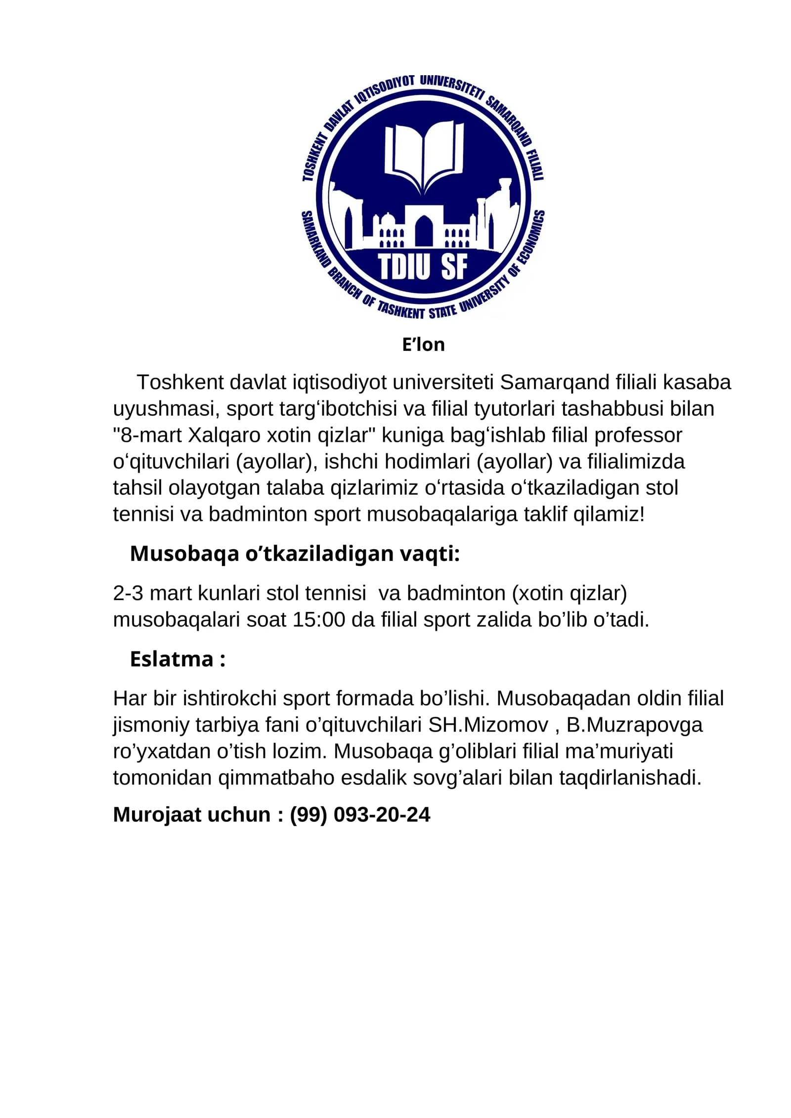 8-mart Xalqaro xotin qizlar kuniga bag'ishlangan musobaqalar