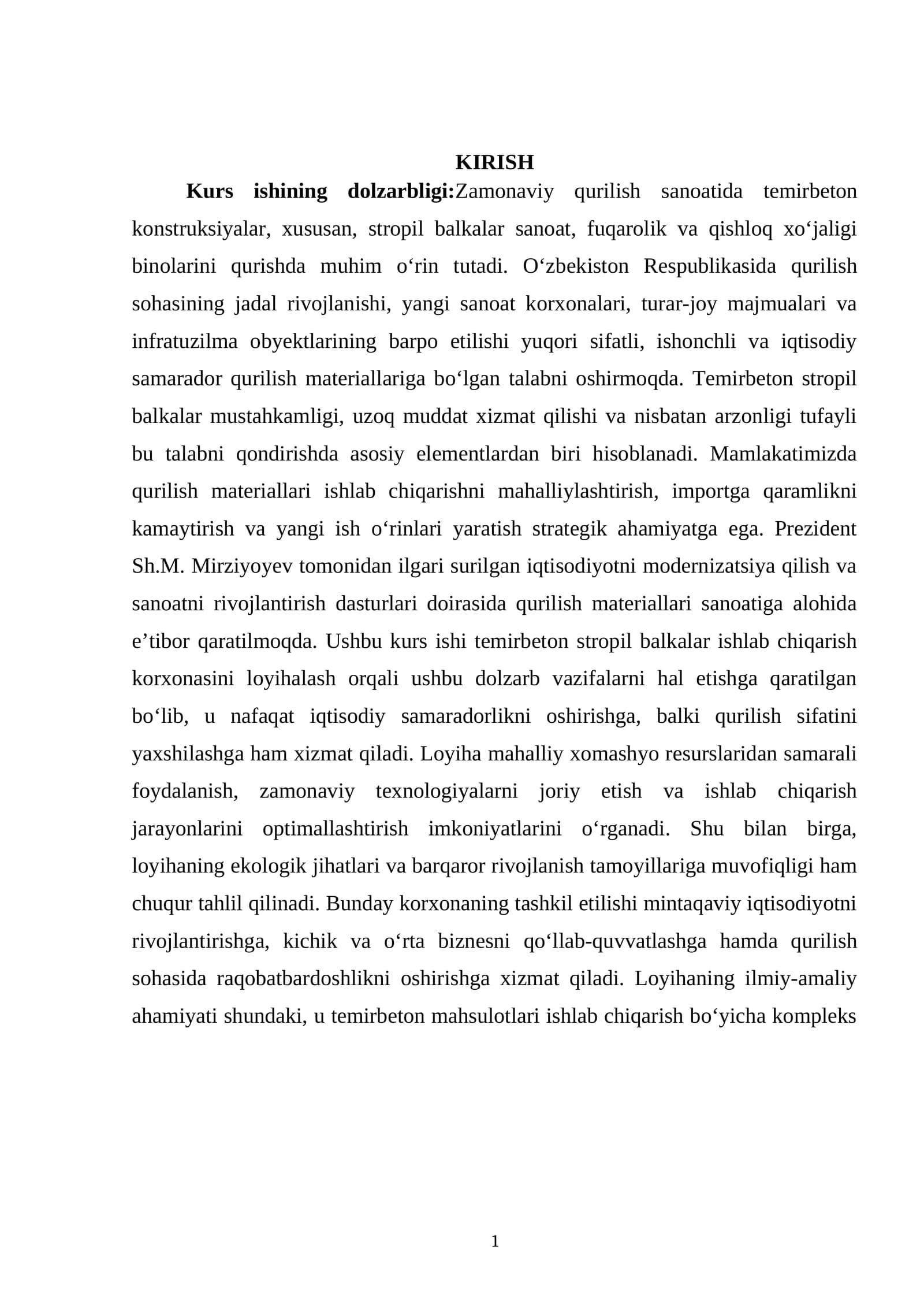 Temirbeton  stropil  balkalar  ishlab  chiqarish  korxonasini  loyihalash