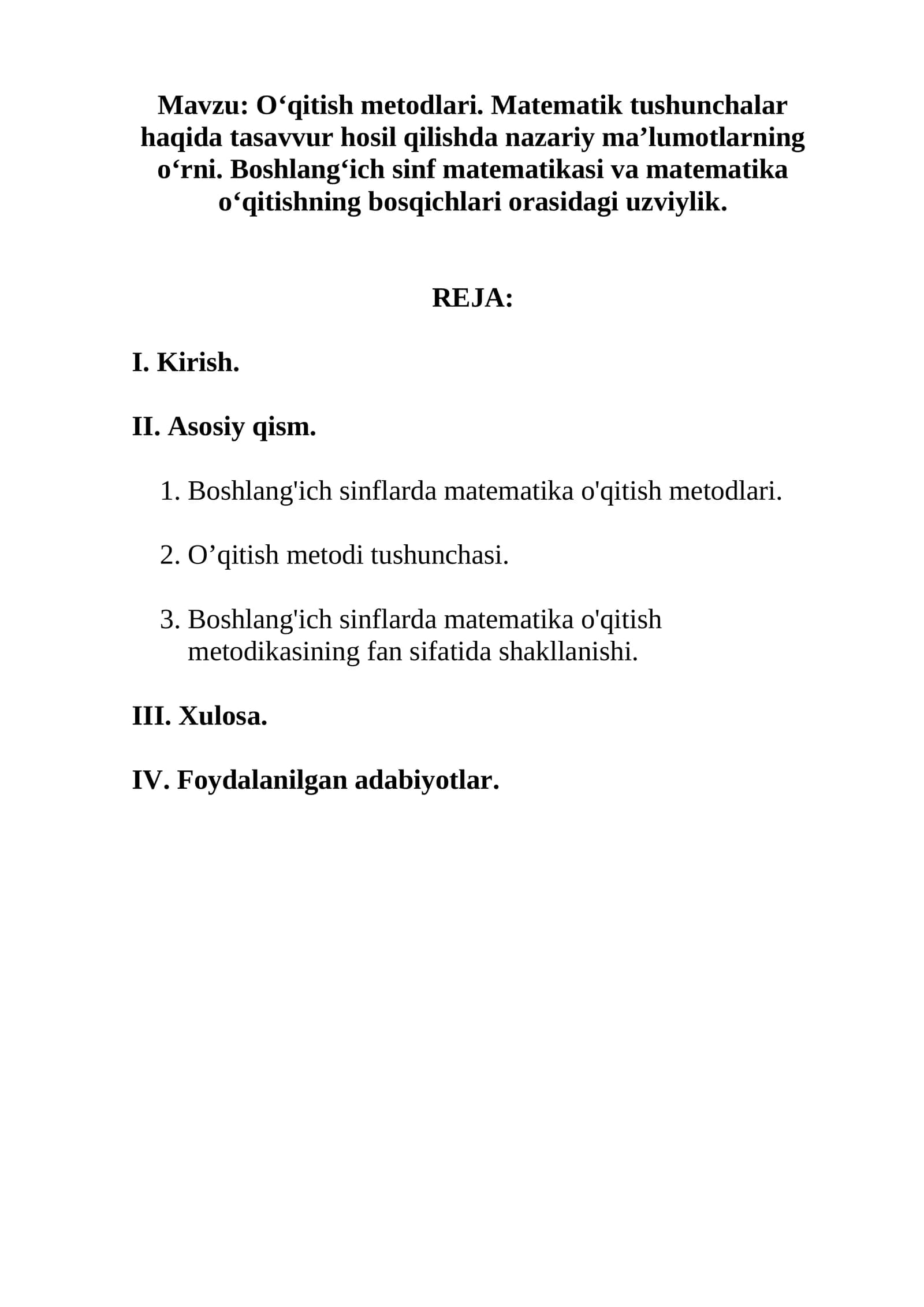 Boshlang'ich sinflarda matematika o'qitish