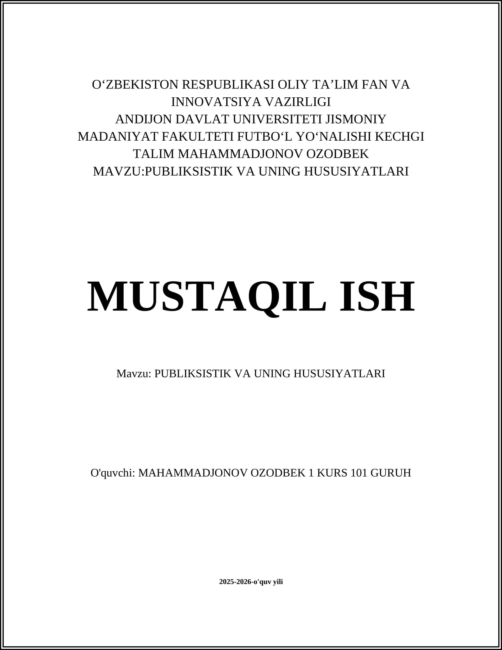 PUBLIKSISTIK VA UNING HUSUSIYATLARI