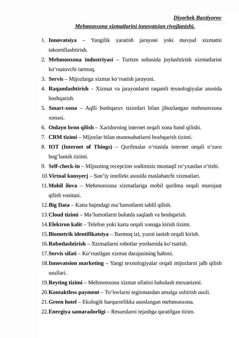 Mehmonxona xizmatlarini innovatsion rivojlanishi