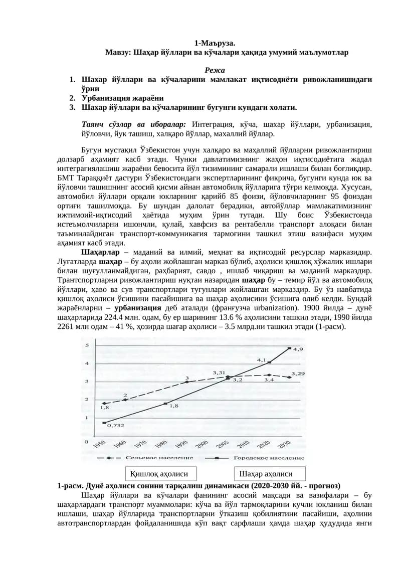 Шаҳар йўллари ва кўчалари ҳақида умумий маълумотлар