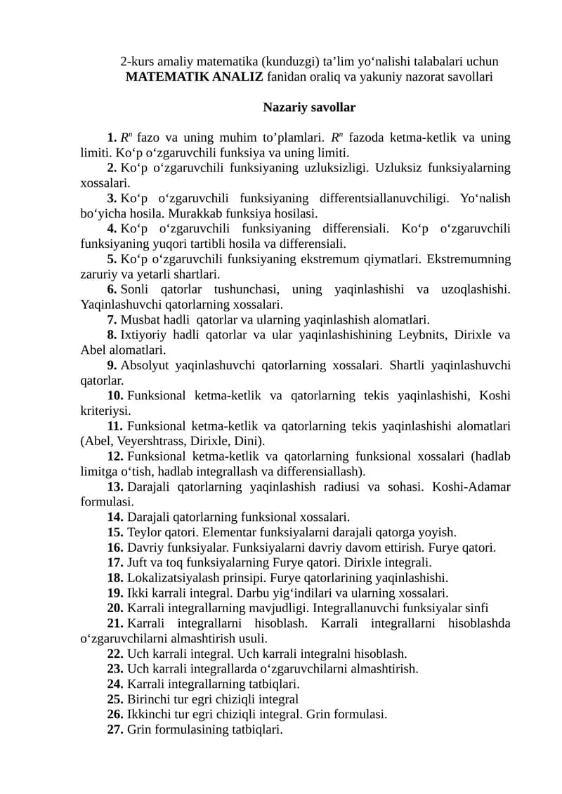 2-kurs amaliy matematika (kunduzgi) ta’lim yo‘nalishi talabalari uchun