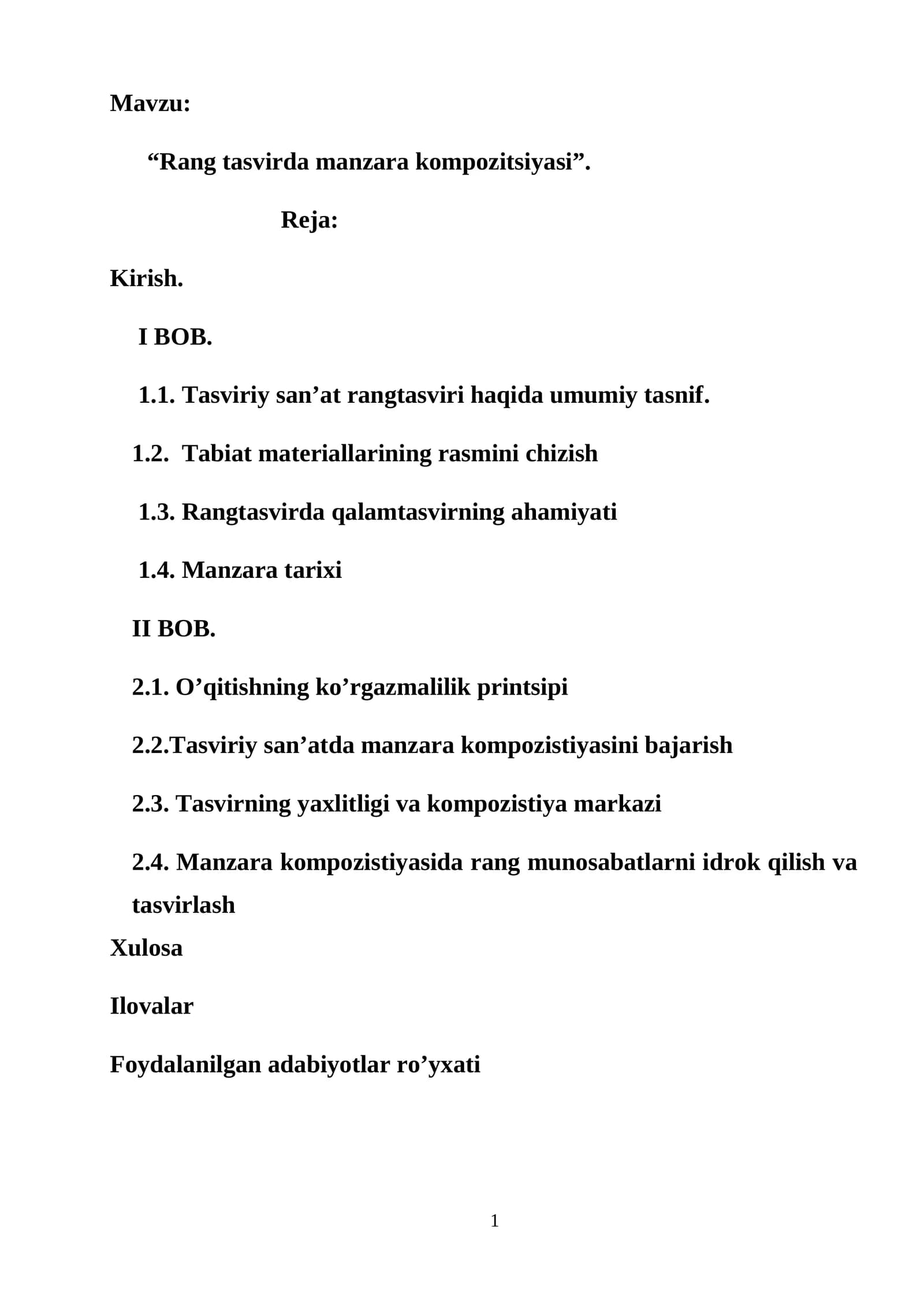 Rang tasvirda manzara kompozitsiyasi. Bitiruv malakaviy ishi. Kurs ishi