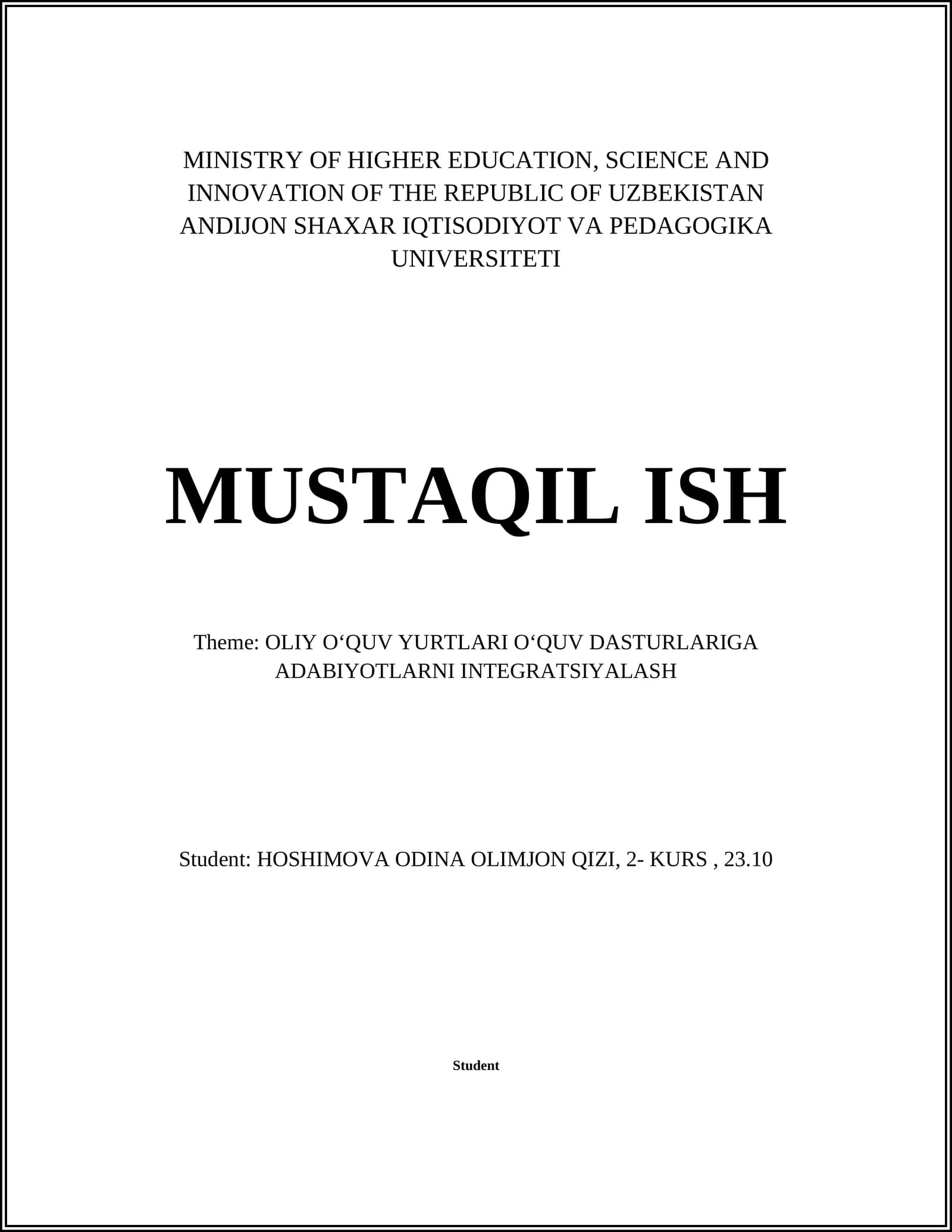 OʻQUV DASTURLARIGA ADABIYOTLARNI INTEGRATSIYALASH