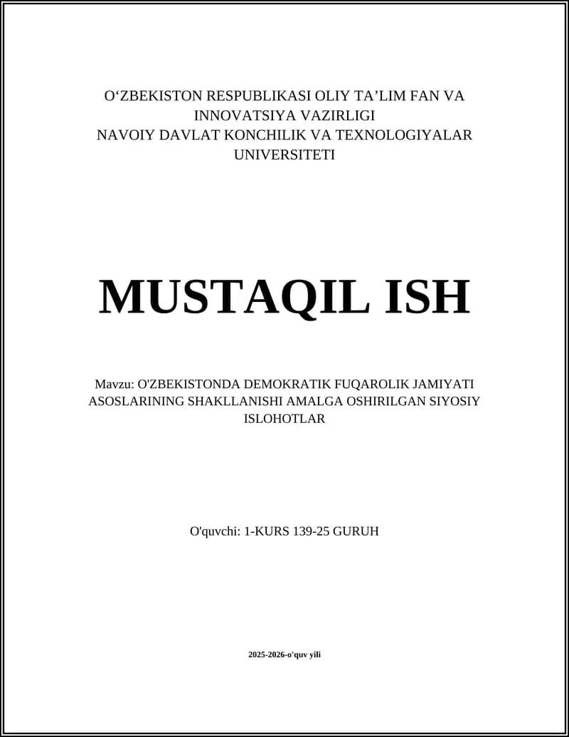 O'ZBEKISTONDA DEMOKRATIK FUQAROLIK JAMIYATI ASOSLARINING SHAKLLANISHI AMALGA OSHIRILGAN SIYOSIY ISLOHOTLAR