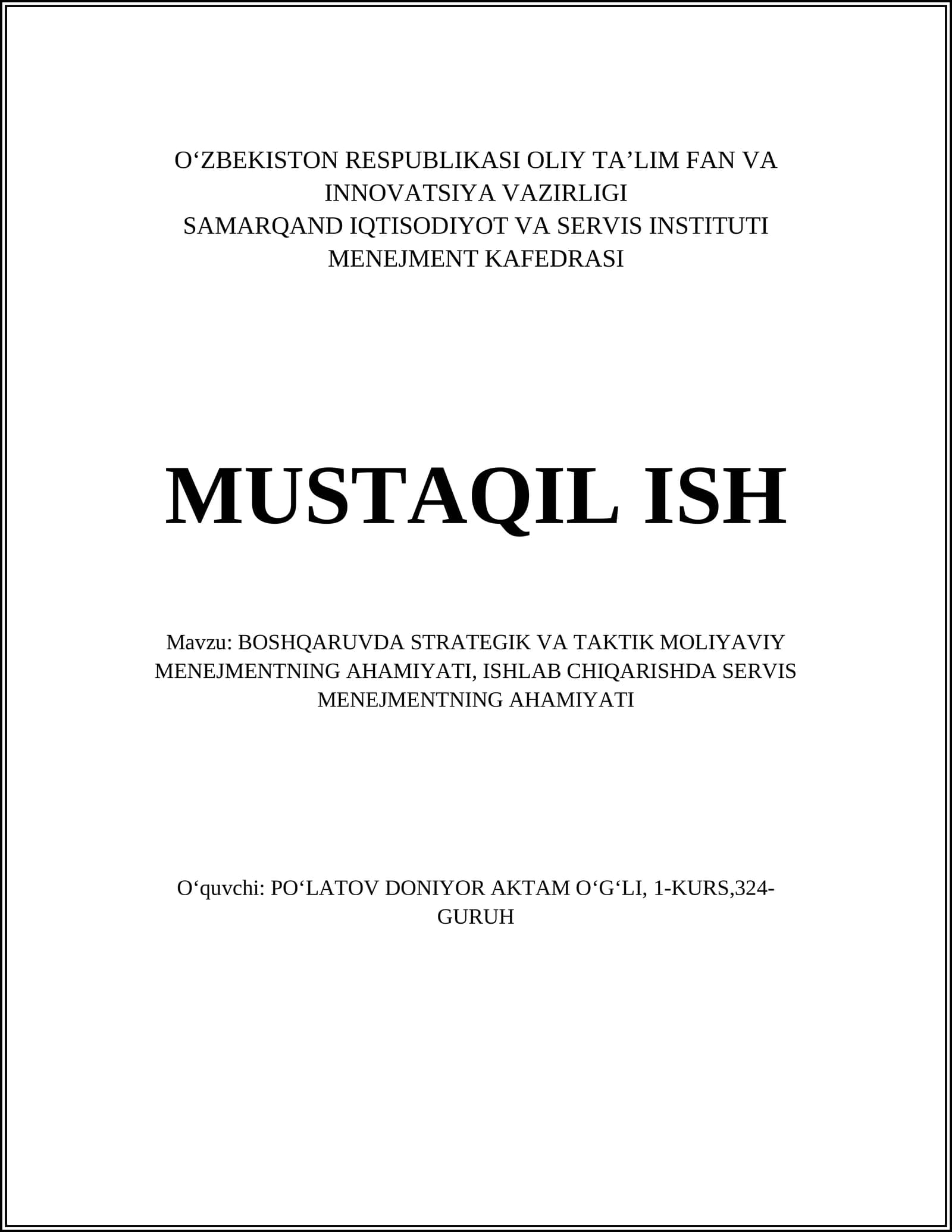 BOSHQARUVDA STRATEGIK VA TAKTIK MOLIYAVIY MENEJMENTNING AHAMIYATI
