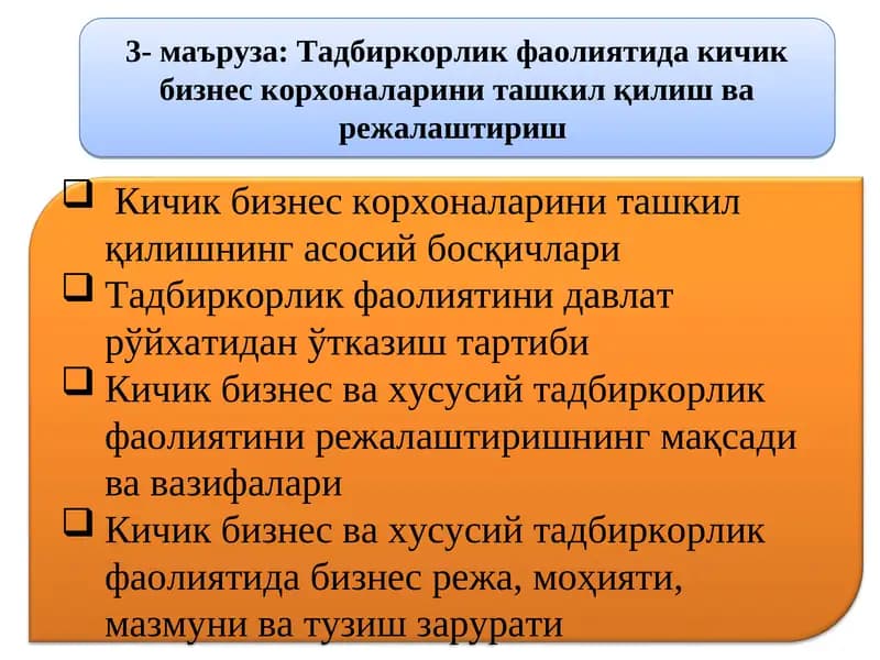 Кичик бизнес корхоналарини ташкил қилиш ва режалаштириш