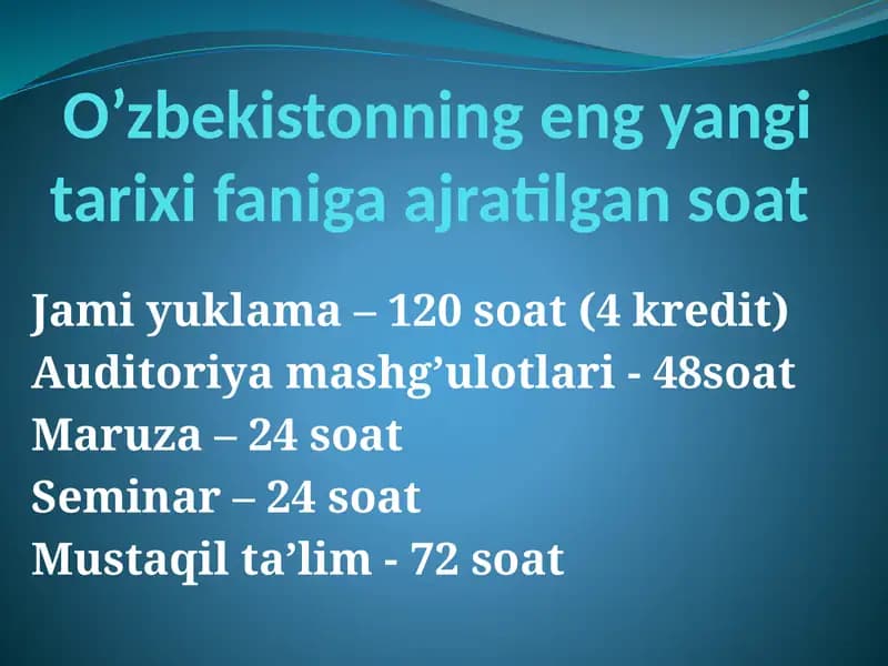 O’zbekistonning eng yangi tarixi faniga ajratilgan soat
