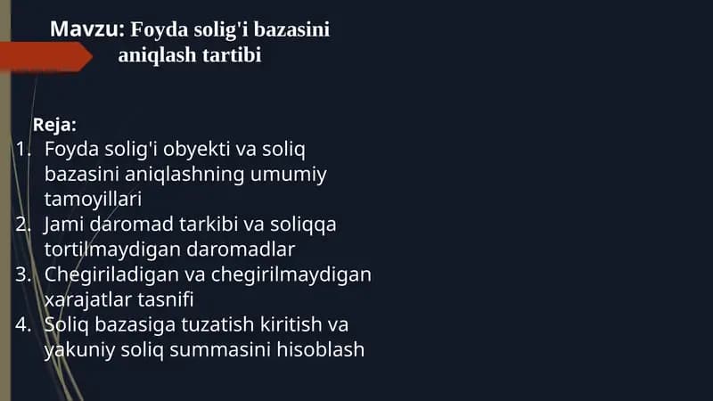Foyda solig'i bazasini aniqlash tartibi