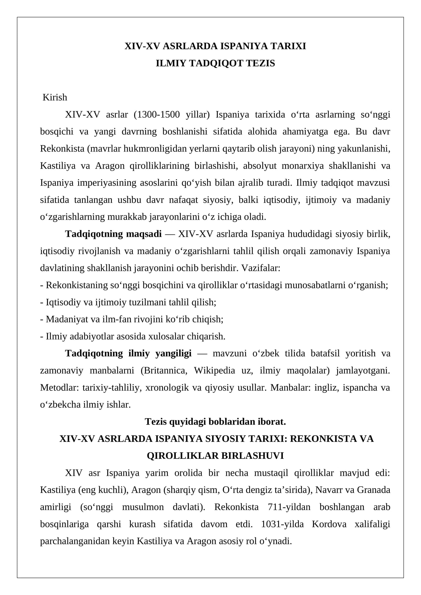 XIV-XV ASRLARDA ISPANIYA TARIXI ILMIY TADQIQOT TEZIS