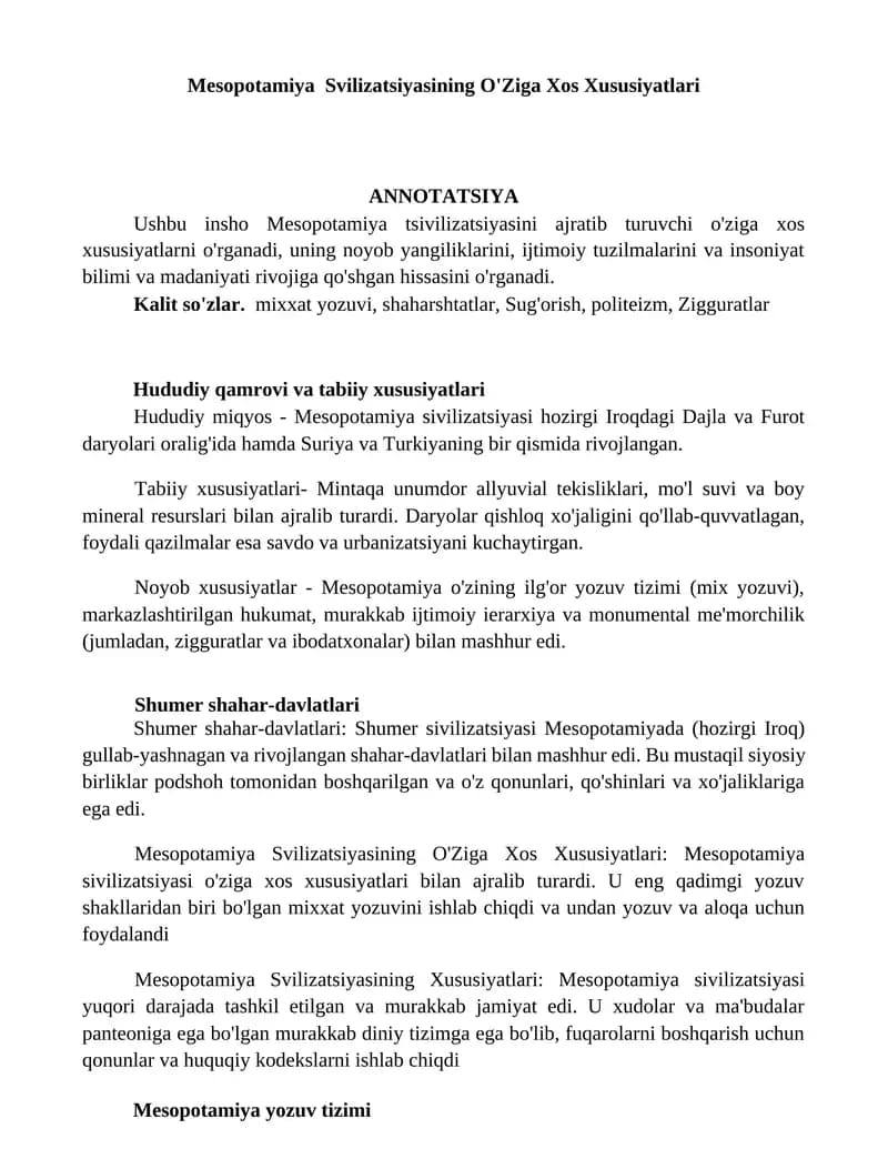 Mesopotamiya Svilizatsiyasining O'Ziga Xos Xususiyatlari