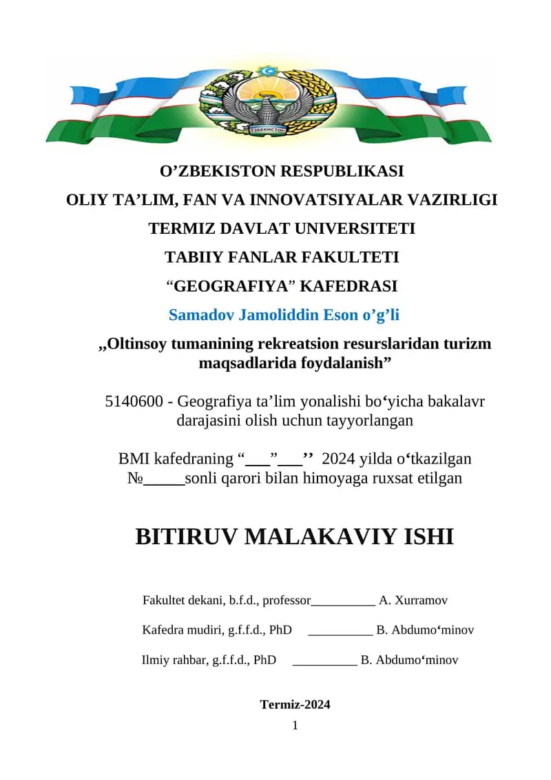 Oltinsoy tumanidagi rekriatsiya resurslaridan turizm maqsadida foydalanish