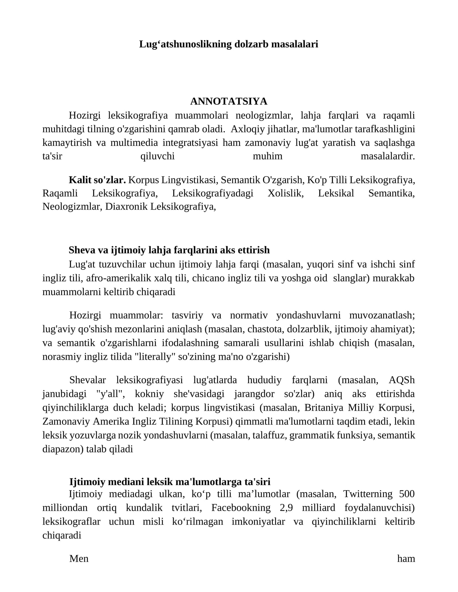 Lugʻatshunoslikning dolzarb masalalari