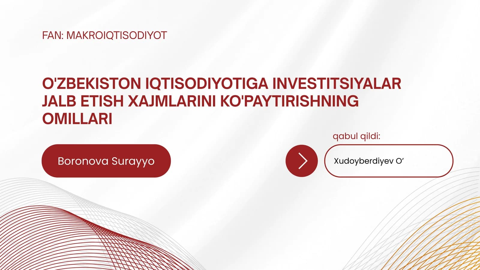 O'ZBEKISTON IQTISODIYOTIGA INVESTITSIYALAR JALB ETISH XAJMLARINI KO'PAYTIRISHNING OMILLARI