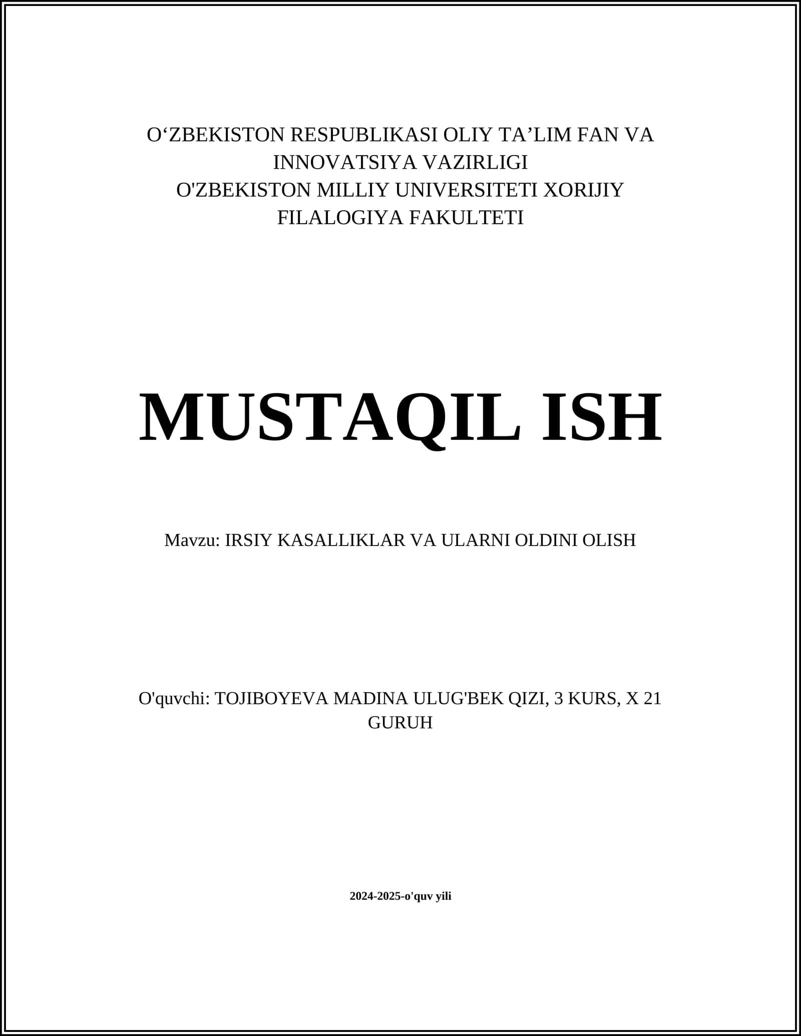 IRSIY KASALLIKLAR VA ULARNI OLDINI OLISH
