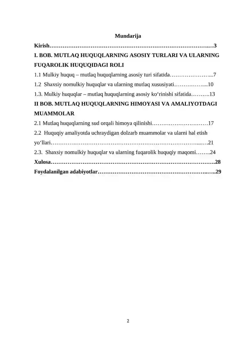 FUQAROLIK HUQUQIDA MUTLAQ HUQUQLAR TUSHUNCHASI VA ULARNING OʻZIGA XOS XUSUSIYATLARI