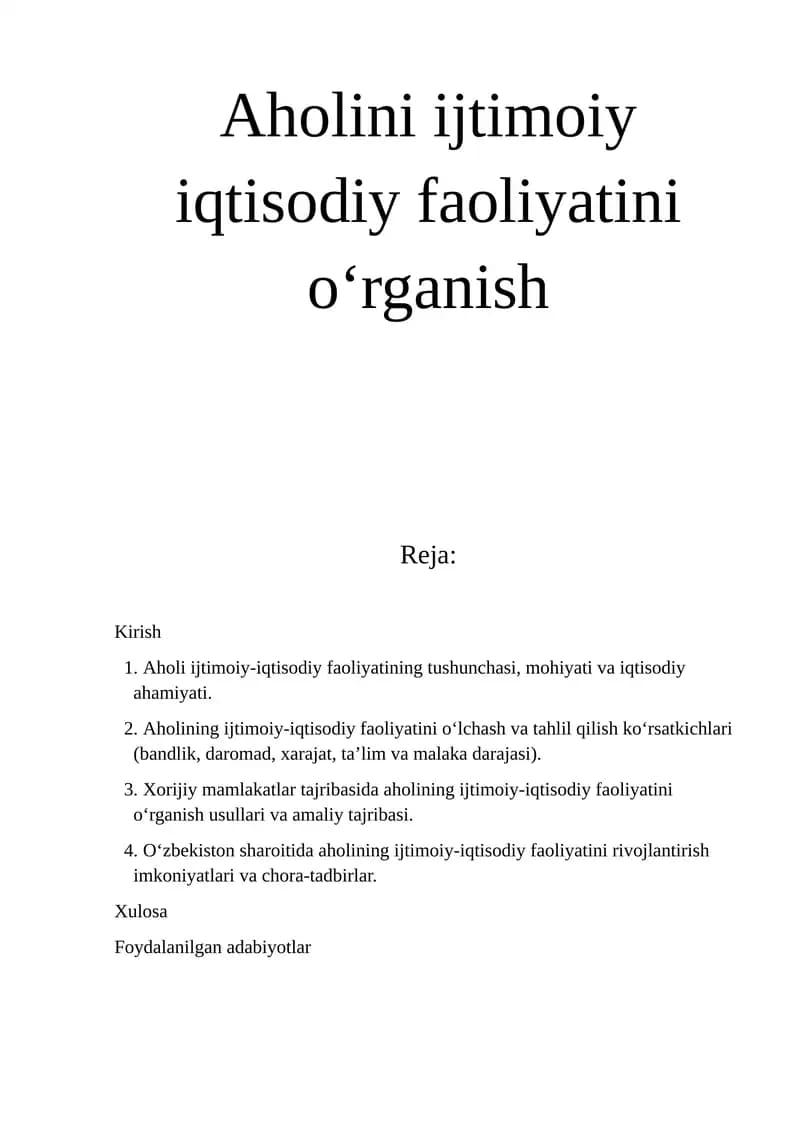 Aholini ijtimoiy iqtisodiy faoliyatini oʻrganish