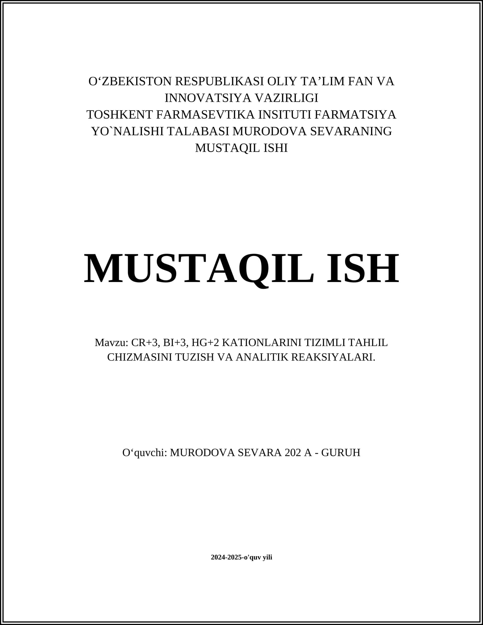 CR+3, BI+3, HG+2 KATIONLARINI TIZIMLI TAHLIL CHIZMASINI TUZISH VA ANALITIK REAKSIYALARI
