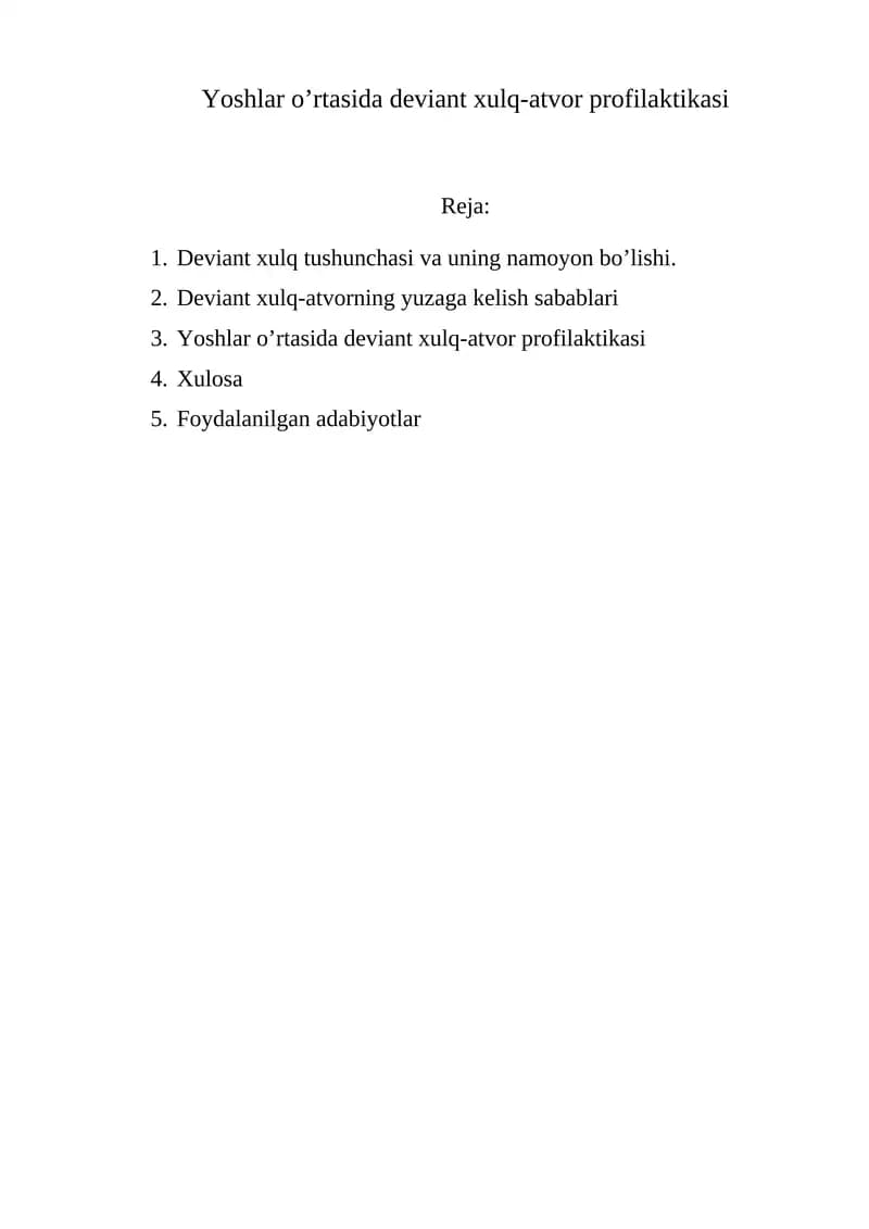 Yoshlar o’rtasida deviant xulq-atvor profilaktikasi
