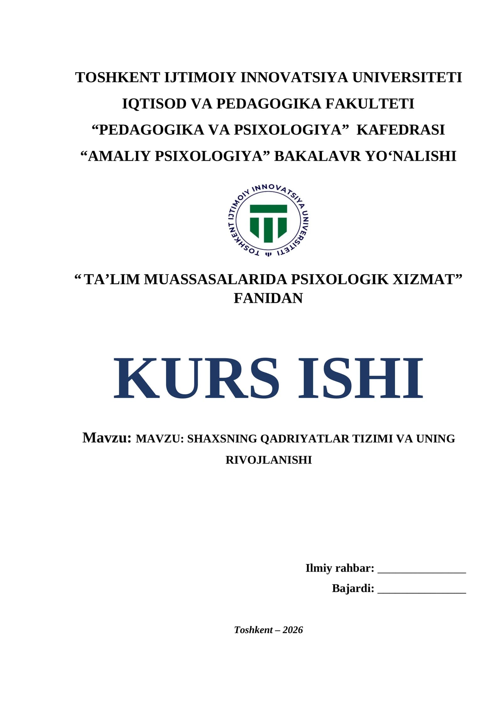 Shaxsning qadriyatlar tizimi va uning rivojlanishi